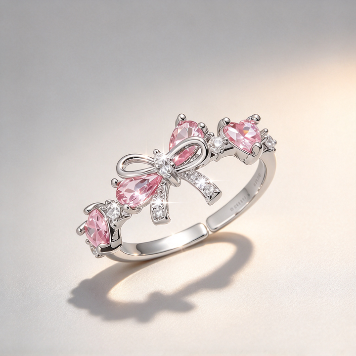 Cute Bow Open Ring, Pink Heart-Shaped Stone Bow Statement Ring for Women, 3 Color Available