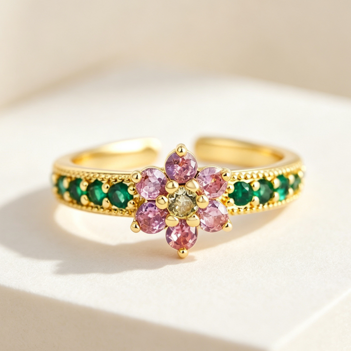 Colorful Floral Multi-Gem Adjustable Open Ring, Pink Flower Emerald Band Diamond Stackable