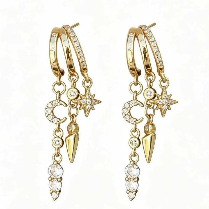 Multi‑Style Gold Triple‑Hoop Dangle Drop Earrings, Paved Diamond Tassel Chain Charm Huggie Earrings for Women