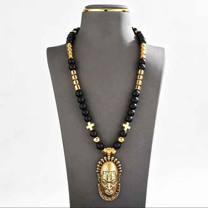 Black Onyx Gold Mask Necklace, Pendant Beaded Stackable Sweater Chain Jewelry