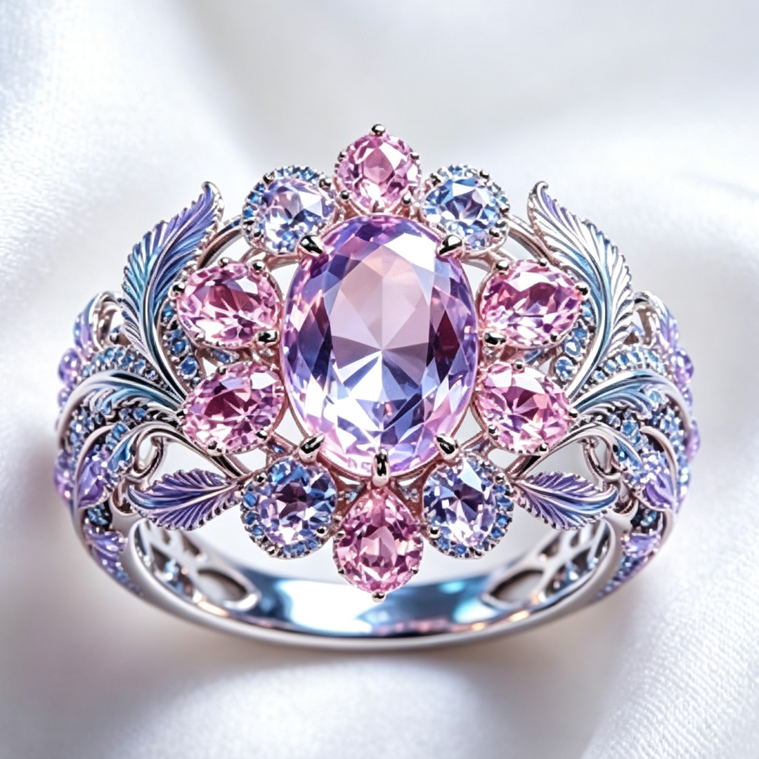Enchanted Floral Leaf Statement Ring, Colorful Sparkling Gem Ring for Women
