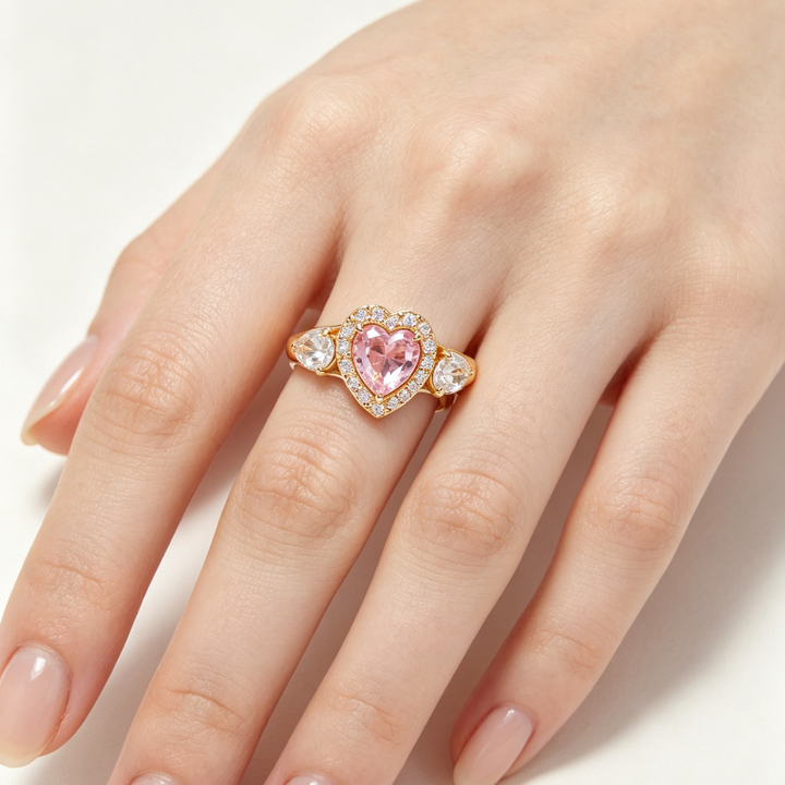Adjustable Opening Pink Heart Halo Diamond Ring, Pear Side Stone Romantic Promise Engagement Ring For Women