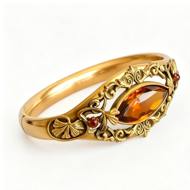 Vintage Ornate Open‑Work Gold Ring with Marquise‑Cut Amber Diamond Accents