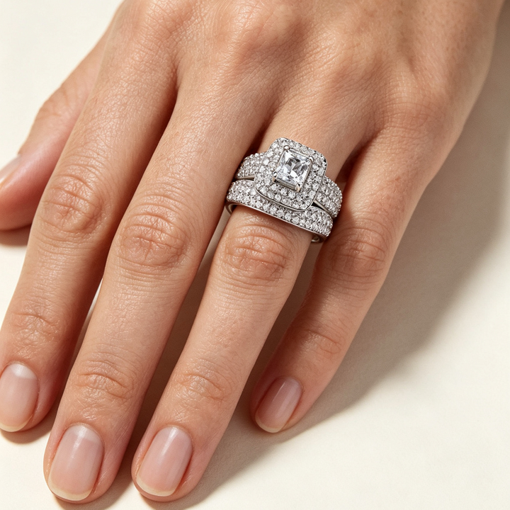 Square Double Halo Stackable Ring Set, Full Pave Eternity Matching Bridal Band Kit