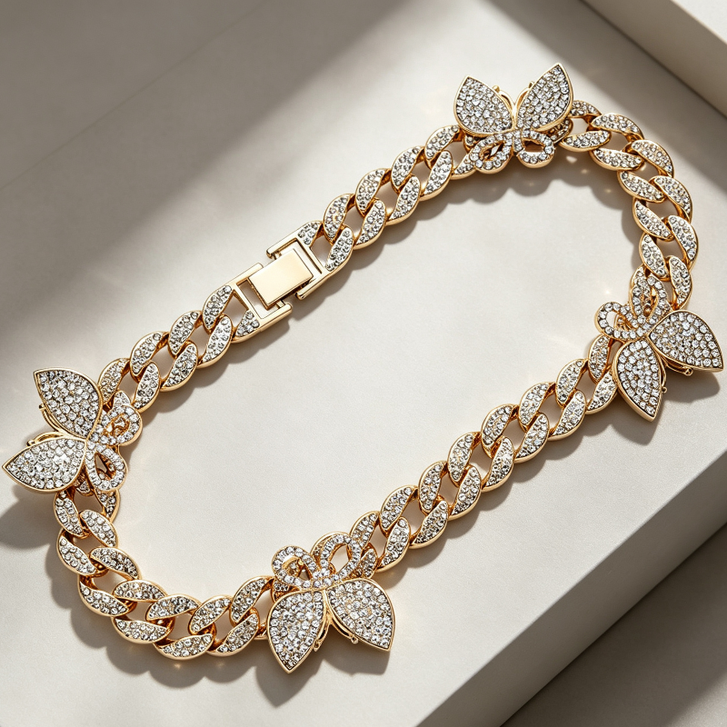 Sparkling Diamond Cuban Necklace, Sweet and Cool Butterfly Jewelry, Bip-Hop Cuban Necklace