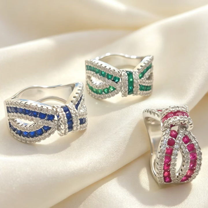 Bow‑Shaped Multi‑Color Gem &amp; Diamond Statement Ring, Women’s Wide Band Cocktail Ring