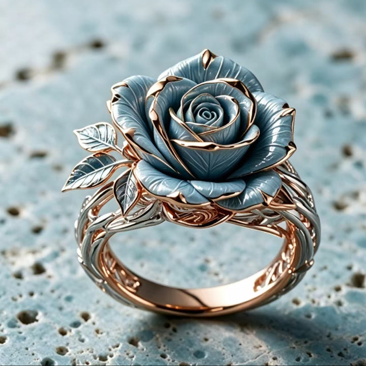 3D Sculpted Blue Rose Statement Ring, Enamel Floral Open Filigree Floral Wide Band Ring