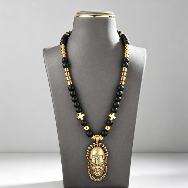 Black Onyx Gold Mask Necklace, Pendant Beaded Stackable Sweater Chain Jewelry