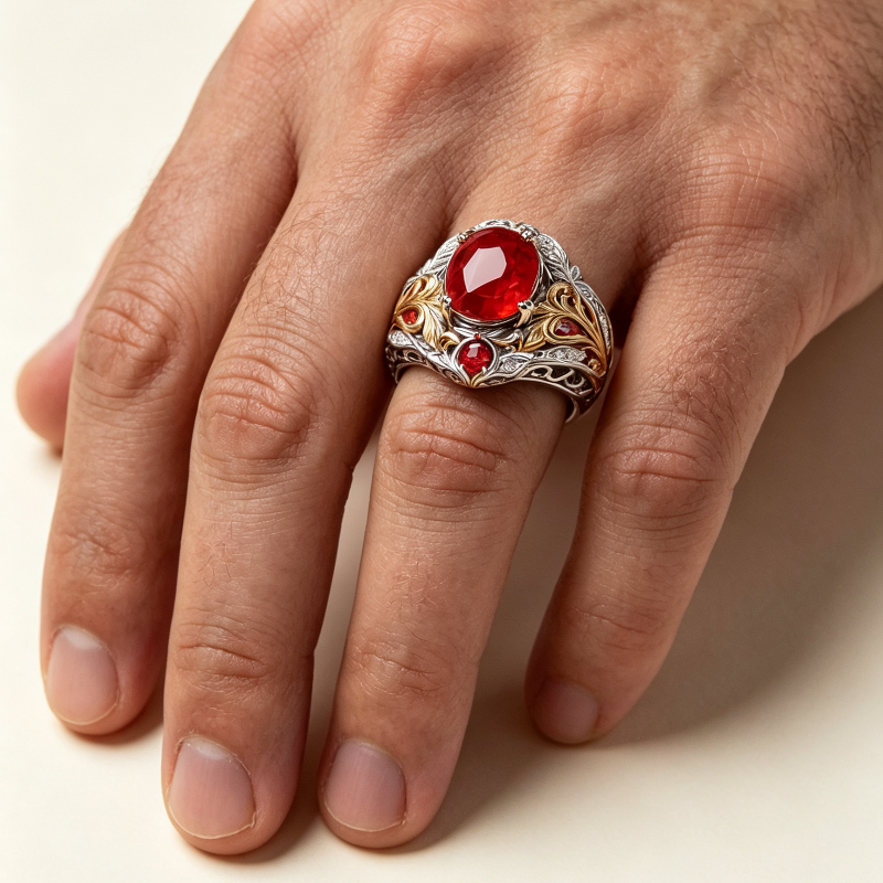 Two-Tone Carved Leaf Red Gem Diamond Vintage Wide Statement Ring