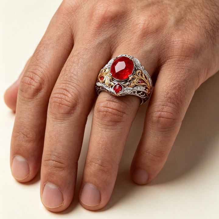 Two-Tone Carved Leaf Red Gem Diamond Vintage Wide Statement Ring