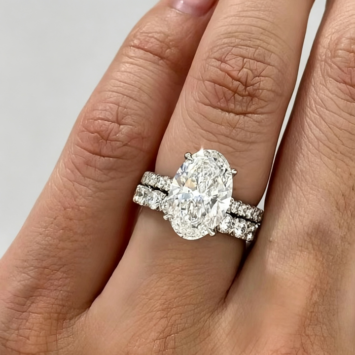 Oval Diamond Ring Set, 2Pcs Stackable Wedding Engagement Band for Women