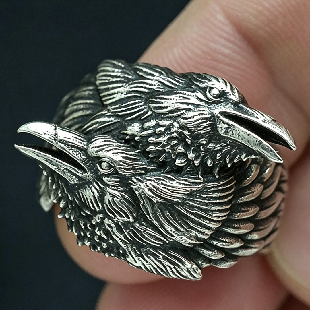 Dual Raven Head Statement Ring, Vintage Gothic Bird Sculpture Ring, Adjustable Open Band Jewelry for Men