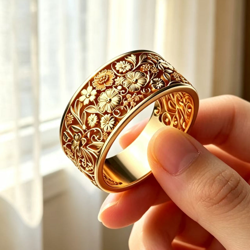 Vintage Carved Floral Wide Band Ring, Intricate Engraved Flower Ornament Statement Ring