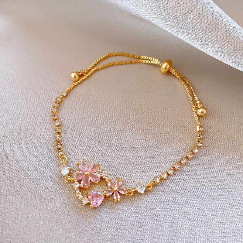 Colorful Floral Gem & Diamond Slider Adjustable Gold Bracelet, Delicate Bracelet for Women
