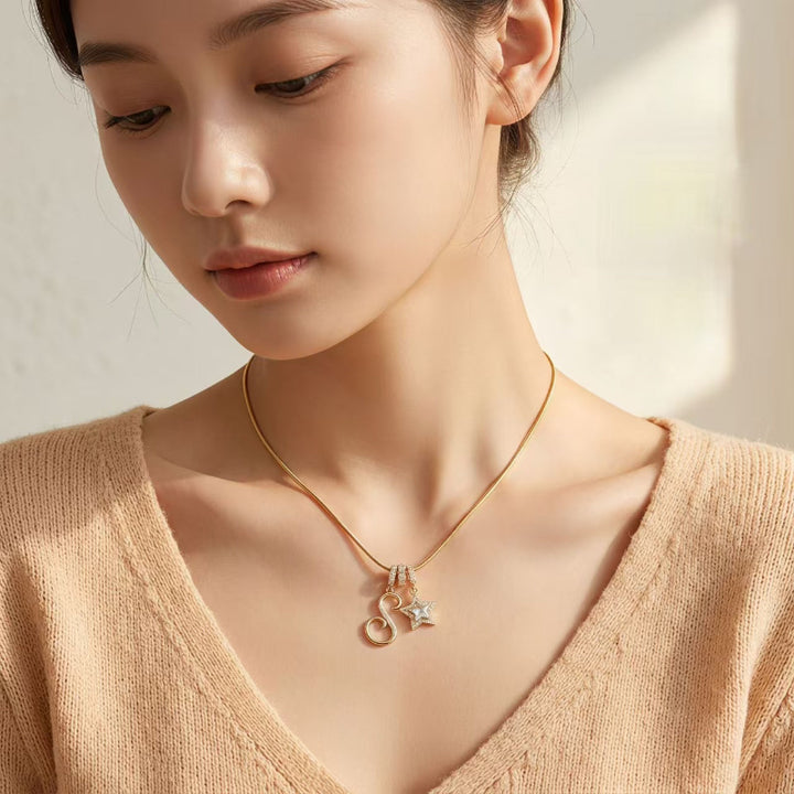 Cursive Initial Letter Diamond Star Pendant Necklace, 26‑Alphabet Snake Chain Necklace