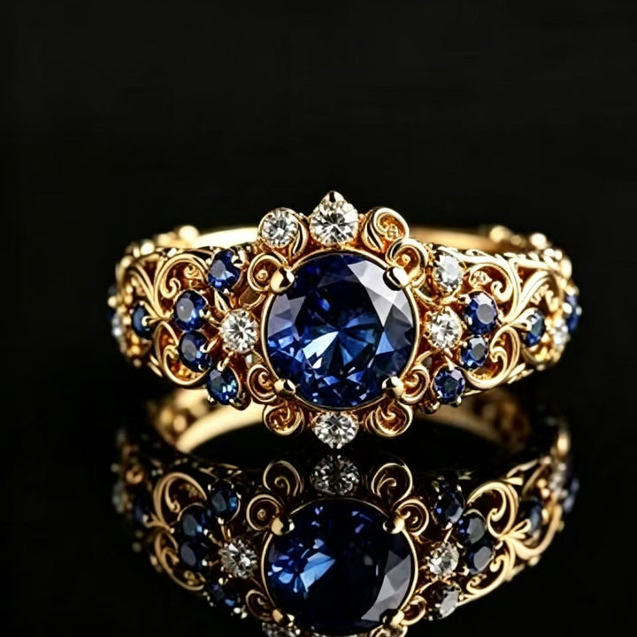 Ornate Royal‑Blue Gem & Diamond Statement Ring, Luxury Floral Pattern Ring with Exquisite Sapphire Inlay