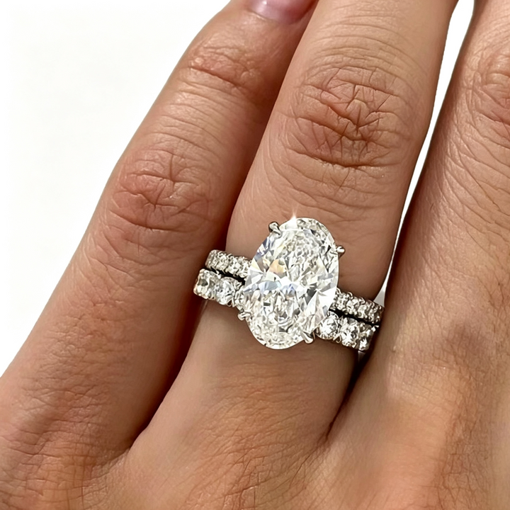 Oval Diamond Ring Set, 2Pcs Stackable Wedding Engagement Band for Women
