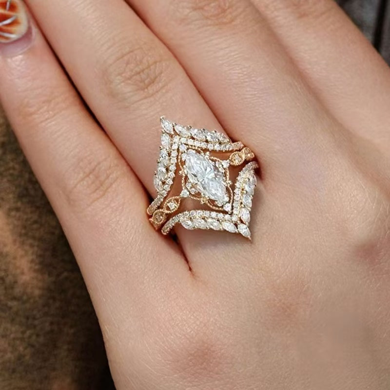 Marquise‑Cut Diamond 3‑Piece Bridal Stacking Ring Set, Vintage-Style Fashion Ring