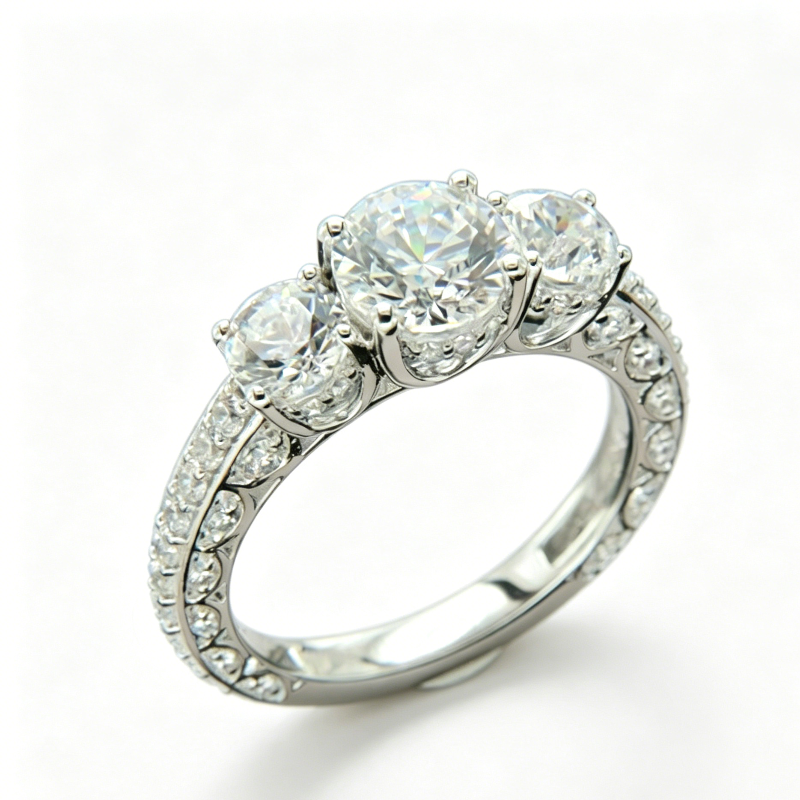 Three Stone Pave Diamonds Engagement Ring, Vintage Milgrain Promise Ring For Women