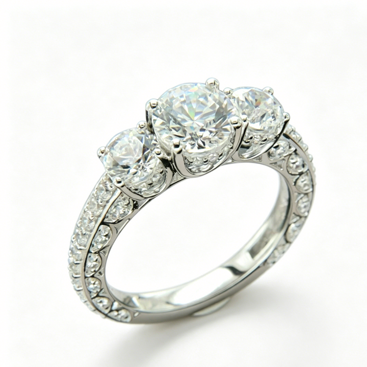 Three Stone Pave Diamonds Engagement Ring, Vintage Milgrain Promise Ring For Women