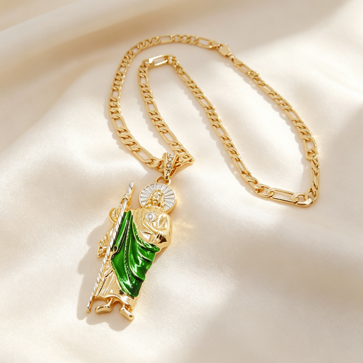 Plated Saint Jude Green Enamel Pendant Necklace, Religious Patron Saint Unisex Faith Statement Jewelry