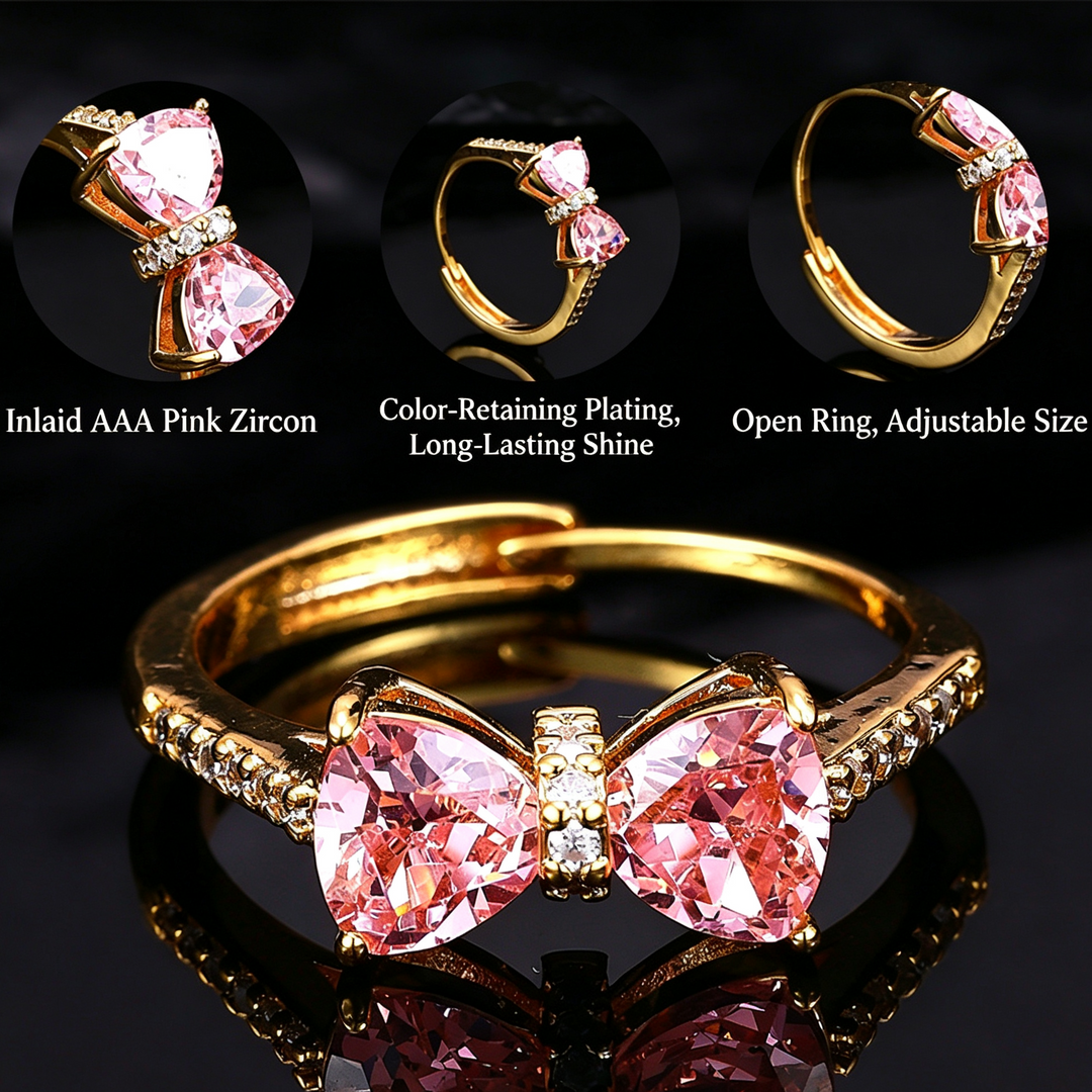 Bow‑Shaped Heart Gem &amp; Diamond Adjustable Open Ring, Elegant Color Statement Ring for Women
