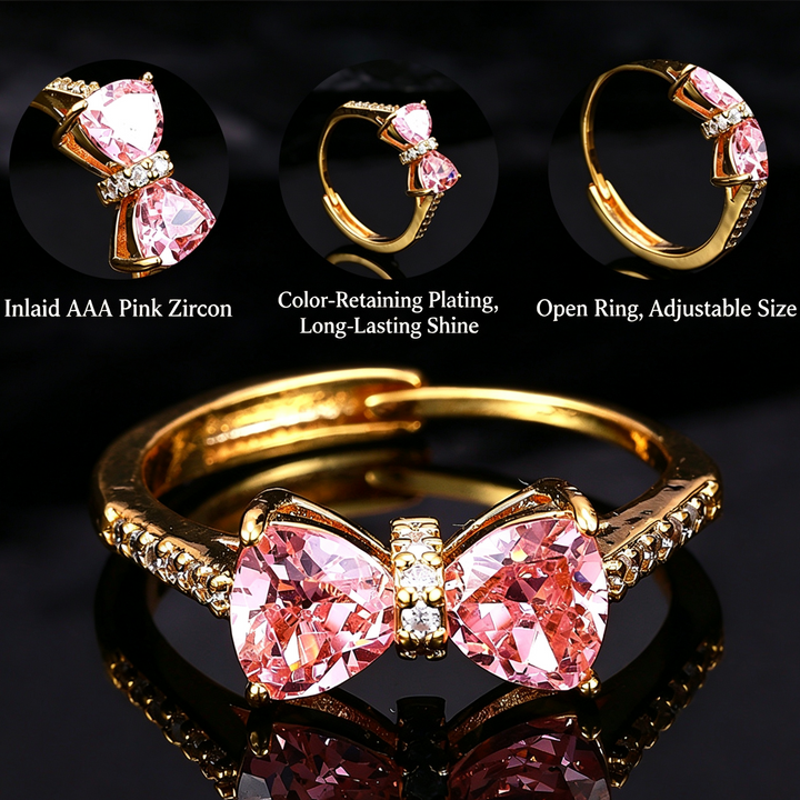 Bow‑Shaped Heart Gem &amp; Diamond Adjustable Open Ring, Elegant Color Statement Ring for Women