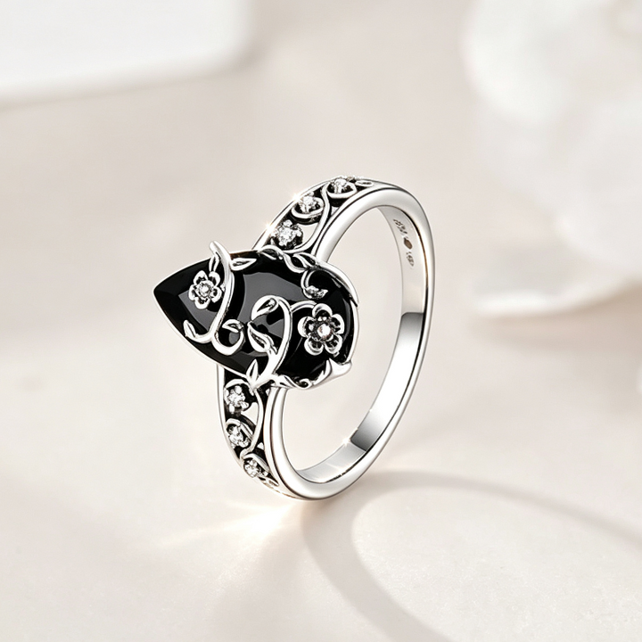 Gothic Floral Black Gemstone Statement Ring, Bohemian Vintage Floral Women&