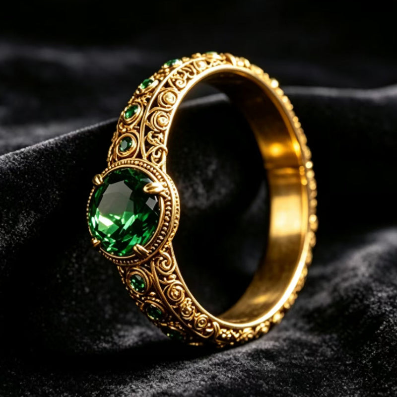 Vintage Filigree Round Green Gem Solid Band Ring, Distinctive Court-Style Ring