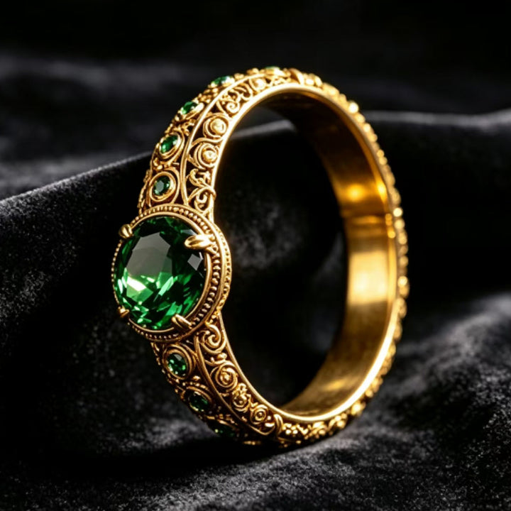 Vintage Filigree Round Green Gem Solid Band Ring, Distinctive Court-Style Ring