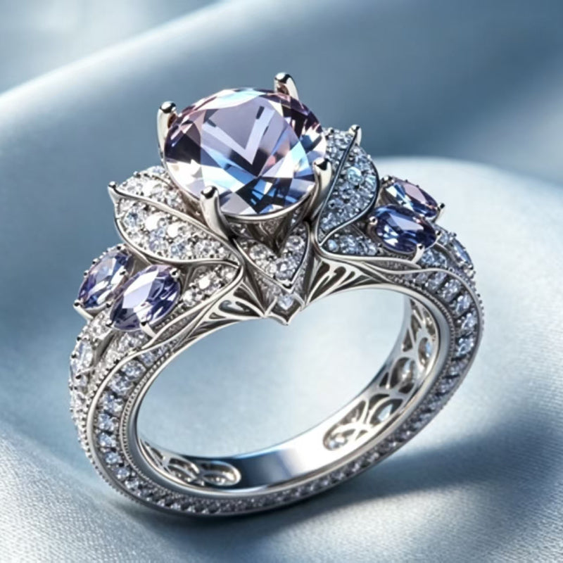 Vintage Ornate Blue‑Tone Diamond Halo Ring, Luxury Women’s Statement Ring