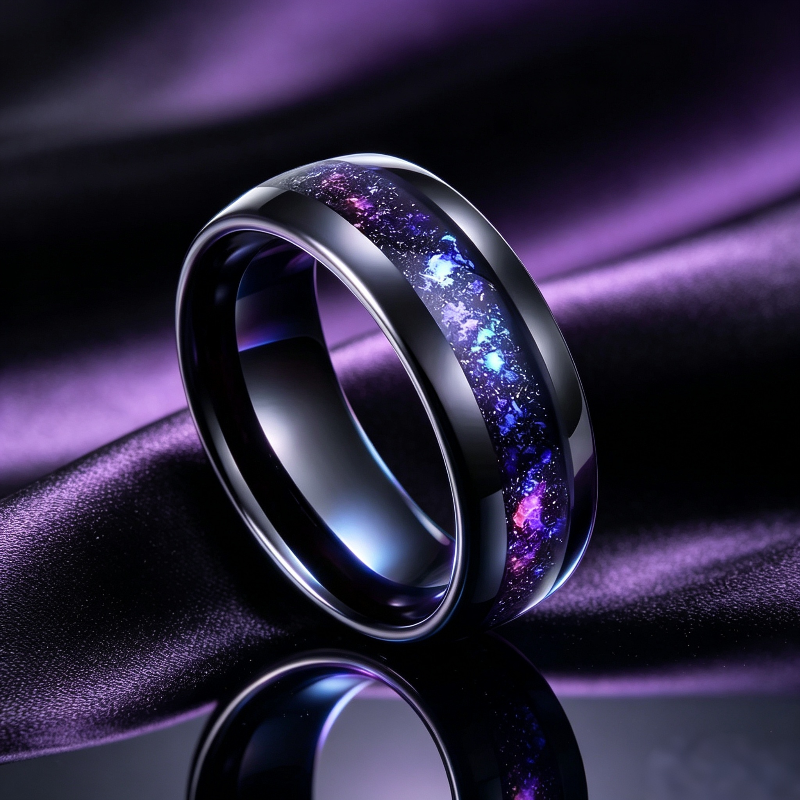Black Tungsten Galaxy Inlay & Heart Gem Ring Collection, Gothic Promise Wedding Band Sets