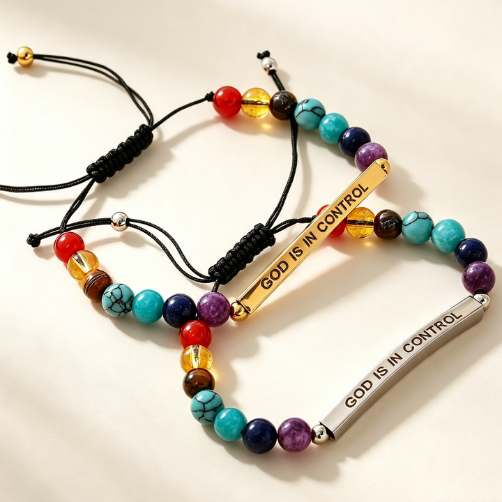 "God Is In Control" Colorful Beaded Adjustable Bracelet, Inspirational Bar Charm Bracelet Gold & Silver Tone