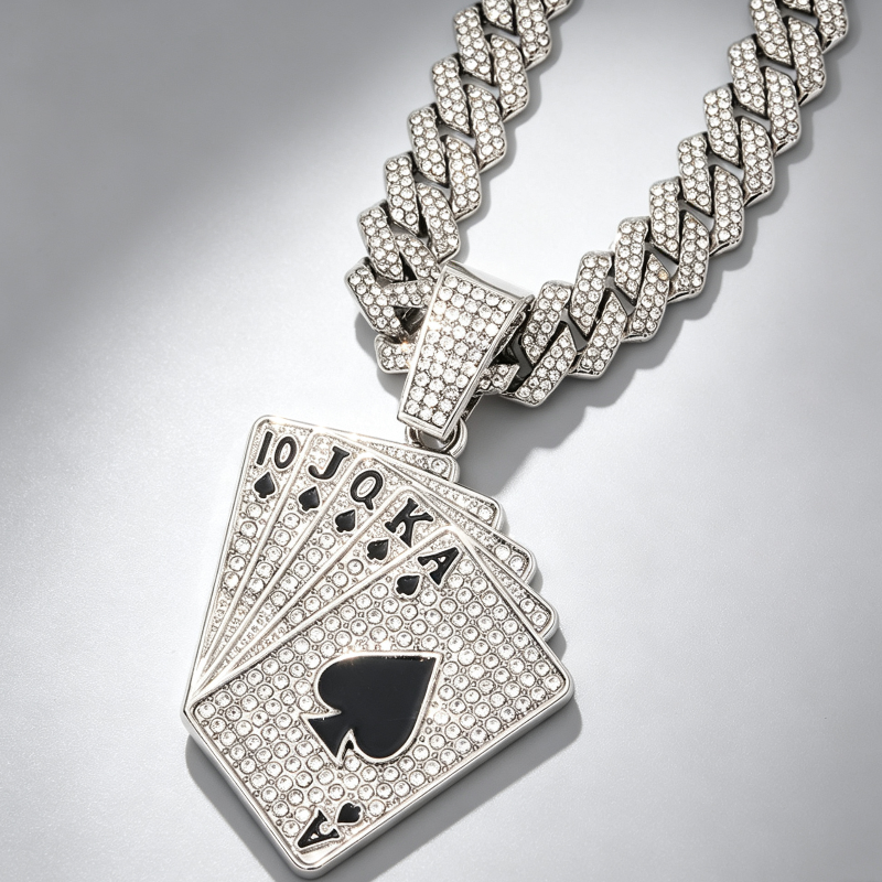 Iced‑Out Poker Card Pendant Necklace, Hip Hop Diamond Cuban Necklace