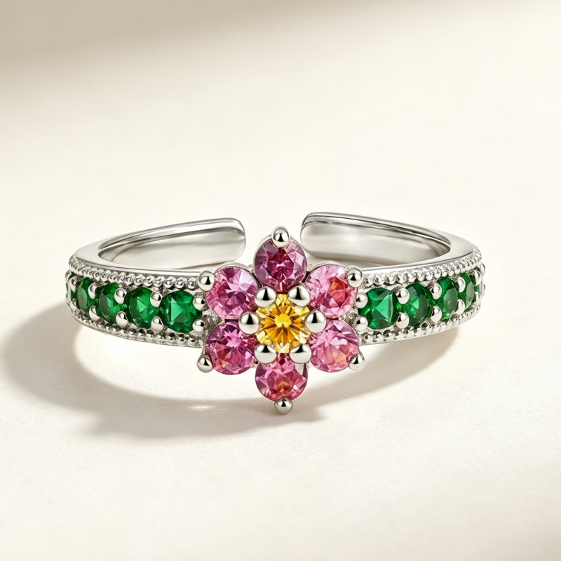 Colorful Floral Multi-Gem Adjustable Open Ring, Pink Flower Emerald Band Diamond Stackable