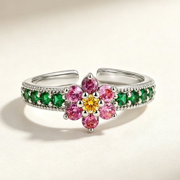 Colorful Floral Multi-Gem Adjustable Open Ring, Pink Flower Emerald Band Diamond Stackable