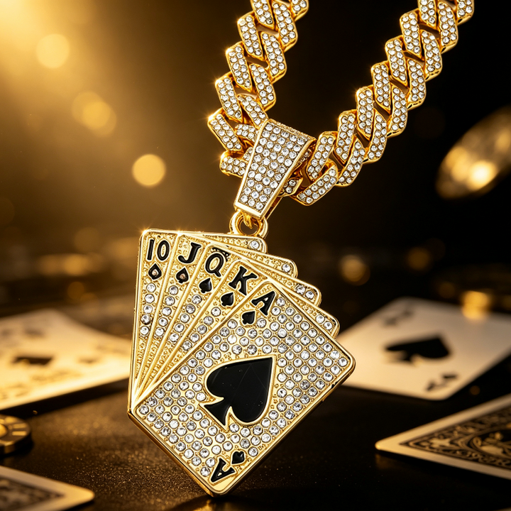 Iced‑Out Poker Card Pendant Necklace, Hip Hop Diamond Cuban Necklace