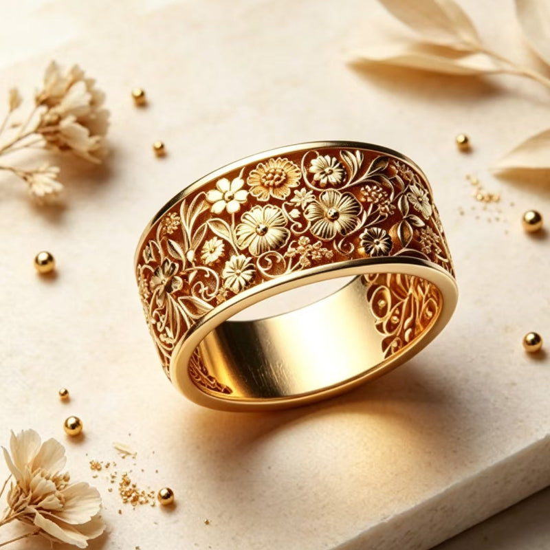 Vintage Carved Floral Wide Band Ring, Intricate Engraved Flower Ornament Statement Ring