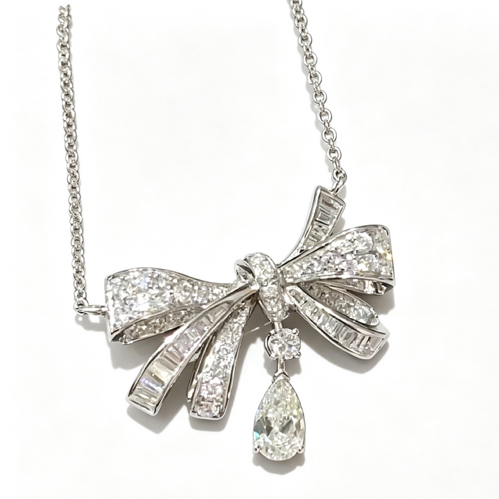 Bow Diamond Pendant Necklace, Elegant Sparkling Charm Necklace, Romantic Gift for Women