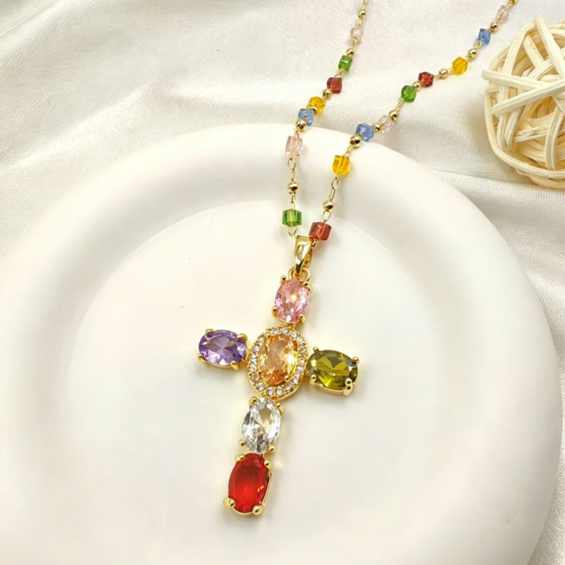 Colorful Multi‑Gem & Diamond Cross Pendant Necklace, Vibrant Rainbow Beaded Chain Statement Necklace
