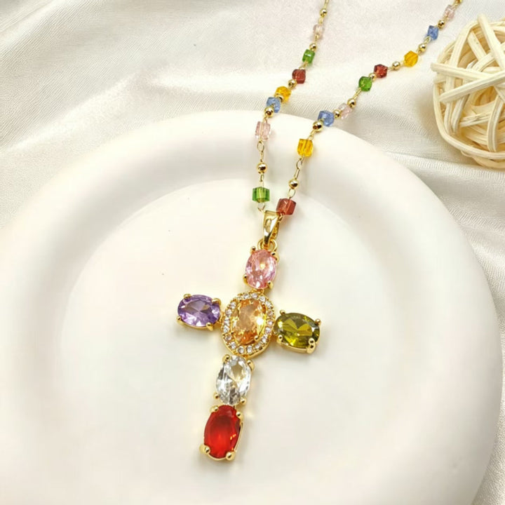 Colorful Multi‑Gem & Diamond Cross Pendant Necklace, Vibrant Rainbow Beaded Chain Statement Necklace