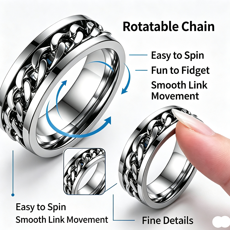 Rotatable Chain Fidget Ring, Cool Spinner Band for Men Daily Wear, Ideal Casual Gift for Him