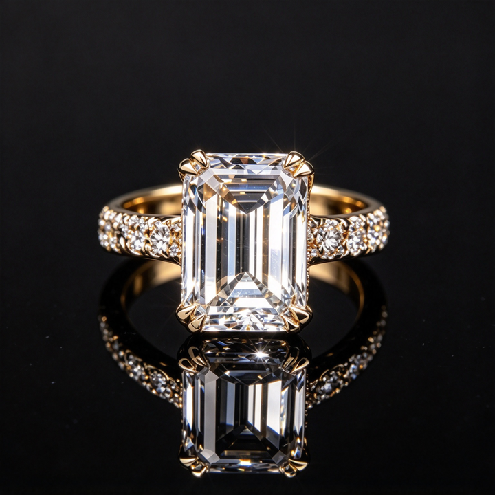 Emerald Cut Luxury 8-Prong Statement Ring for Women, Sparkling Side Stone Engagement Style Ring