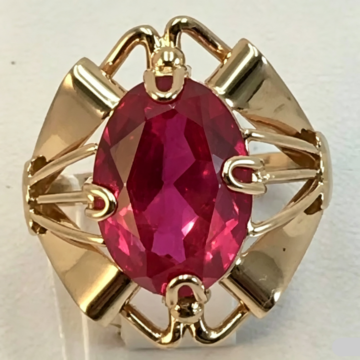 Oval Cut Rich Red Gemstone Ring, Bold Open‑Work Gold‑Tone Statement Ring for Men