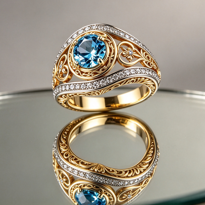 Vintage Filigree Round Gemstone Ring, Two-tone Ornate Statement Ring for Women