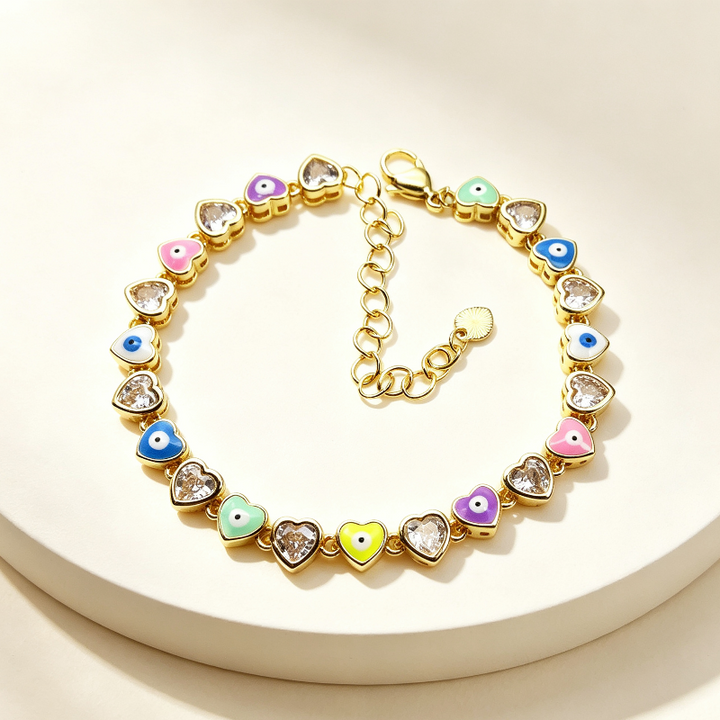 Multi-Color Enamel Evil Eye Heart Diamond Bracelet, Dainty Stackable Protection Symbol Women Coquette Wrist Jewelry