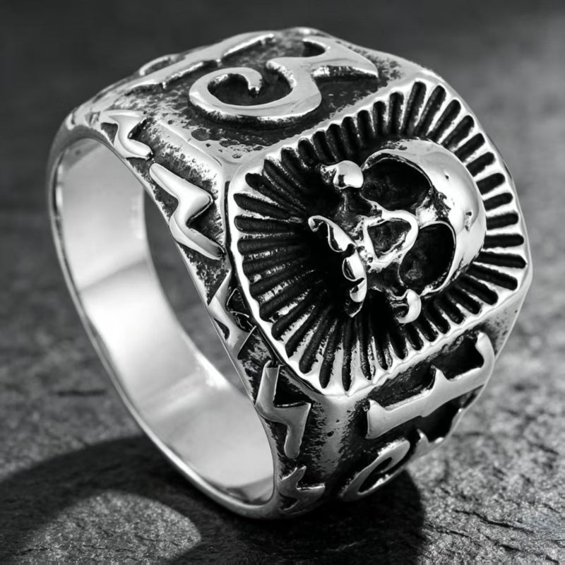 Vintage 3D Skull Signet Ring, Antique Oxidized Symbol‑Engraved Unisex Biker Statement Ring