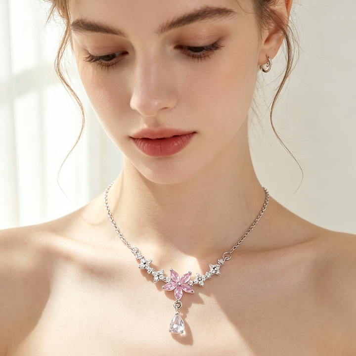 V-Shape Floral Star Teardrop Diamond Necklace, Dainty Collarbone Chain