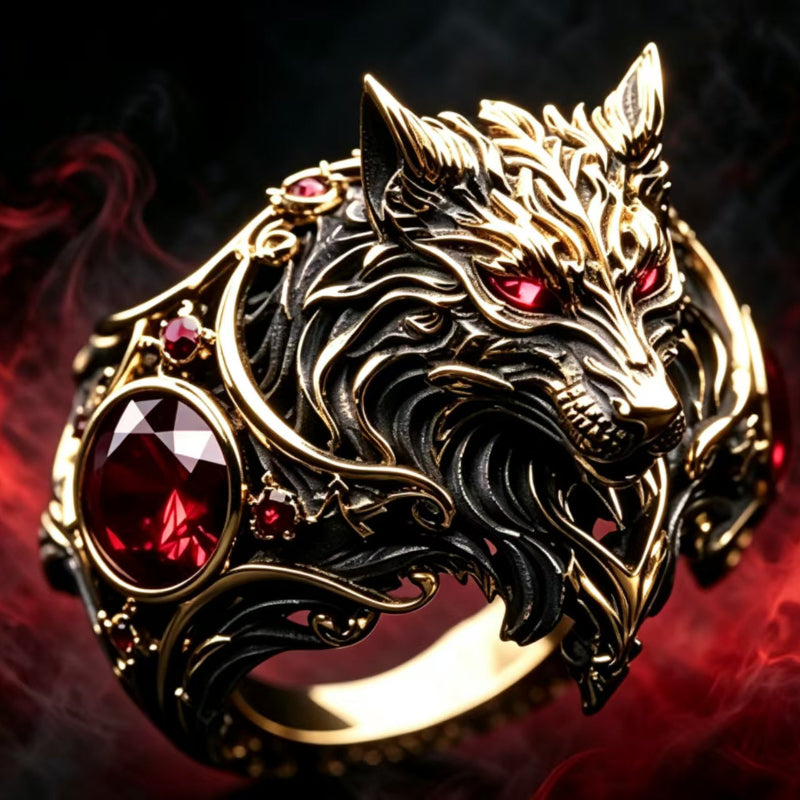 Vintage Wolf‑Head Men’s Statement Ring With Red Gemstones Gothic Wide Band Ring