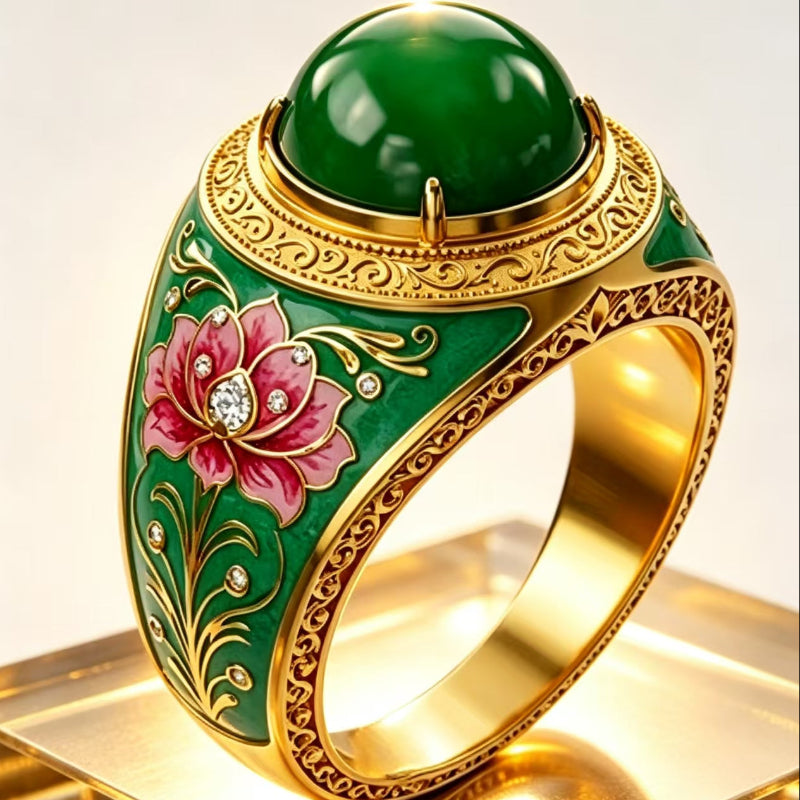 Vintage Enamel Lotus Green Cabochon Statement Ring For Women